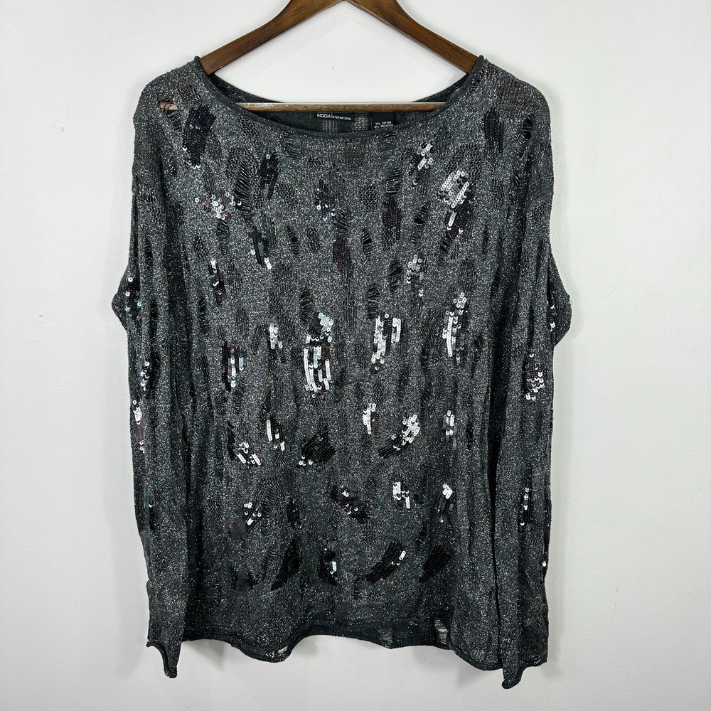 MODA International M Metallic Sequin Knit Top Gray Shimmer Y2K Grunge Glam Party